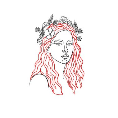 Çiçekli tacı olan bir kadının minimalist tek satırlık tasviri. Zarif botanik detayları olan modern ve sürekli bir çizgi sanatı..