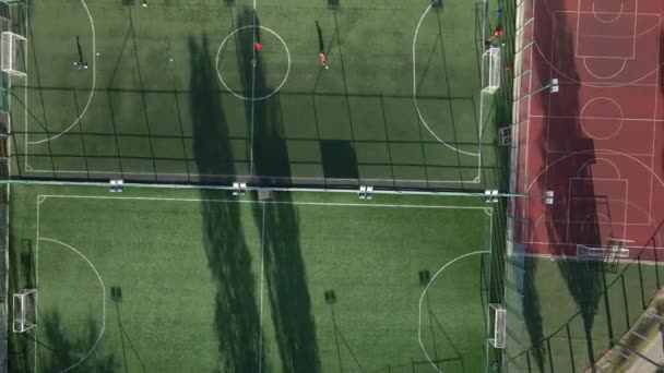 サッカー場だ 選手がプレーするサッカー場 空中風景 — ストック動画