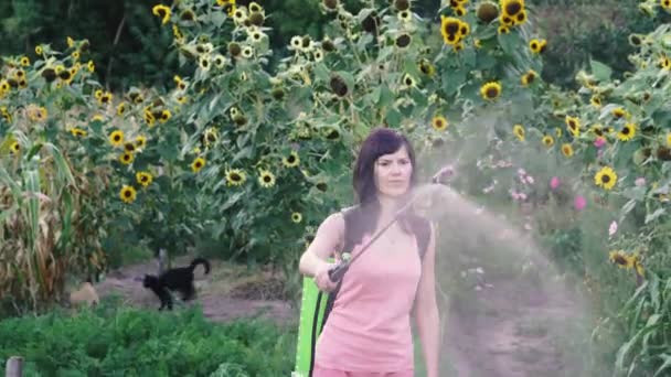 Beskärningsspruta Kvinna Sprayar Grödan Från Insekter — Stockvideo