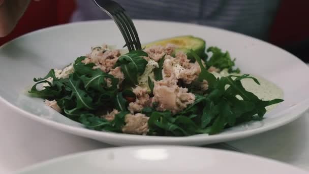 Salat Fischsalat Frau Isst Salat — Stockvideo