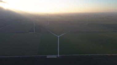 Yel değirmeni. Yel değirmenleriyle dolu bir tarla. Hava görünümü.