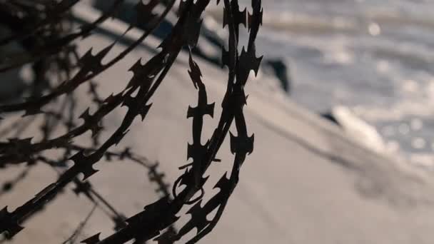鉄条網だ 海の近くの有刺鉄線フェンス — ストック動画