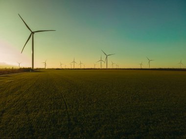 Yel değirmeni. Yel değirmenleriyle dolu bir tarla. Hava görünümü.