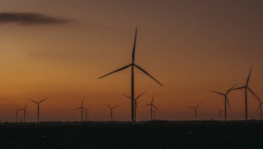 Yel değirmeni. Yel değirmenleriyle dolu bir tarla.