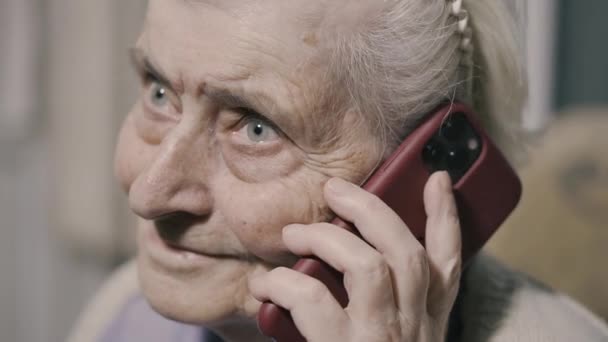 Mobiltelefon Eine Alte Großmutter Spricht Auf Einem Modernen Mobiltelefon — Stockvideo