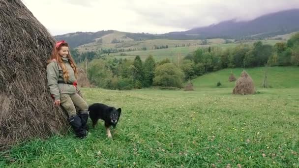 Подорожі Дівчина Їде Пішки Собакою Горах — стокове відео