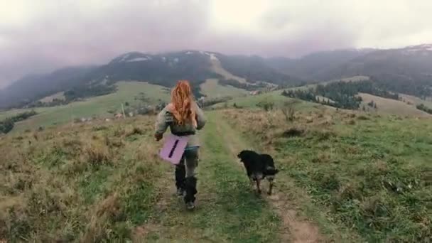 Подорожі Дівчина Біжить Собакою Через Степ Тлі Гір — стокове відео