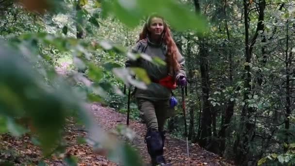 Πεζοπορία Γυναίκα Τουρίστρια Περπατά Πιόνια Κατά Μήκος Των Βουνών Καρπάθια — Αρχείο Βίντεο
