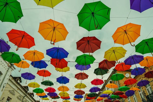 Umbrellas. Multi-colored umbrellas hung as decoration.