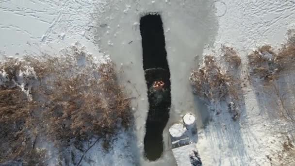 Feast Epiphany Man Bathing Cold River Aerial View — Stock Video