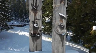 Tahta kapı. Synevyr Gölü yakınlarında ahşap heykel. Hava görünümü.