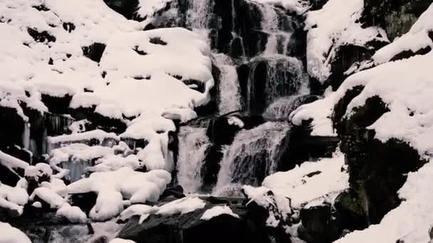 Cascada Montaña Una Pequeña Cascada Fluye Través Nieve — Vídeos de Stock