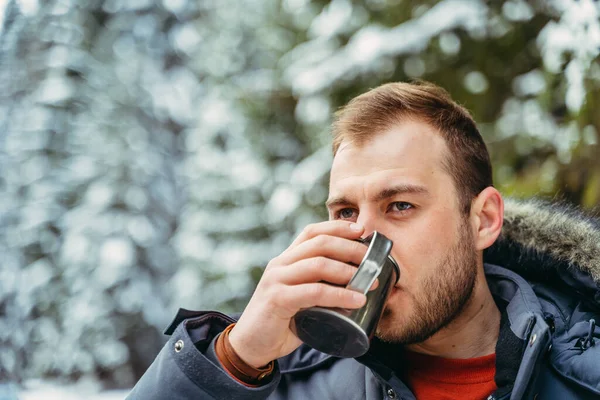 Hot Drink Man Drinking Hot Drink Close — Stock Photo, Image