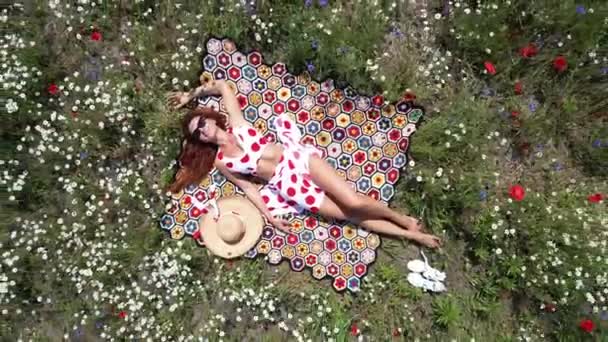 放松点 一个女人躺在雏菊和罂粟中间的田野里 空中景观 — 图库视频影像