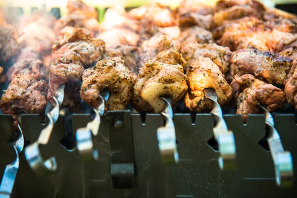 Espetos com um porco de carne — Fotografia de Stock