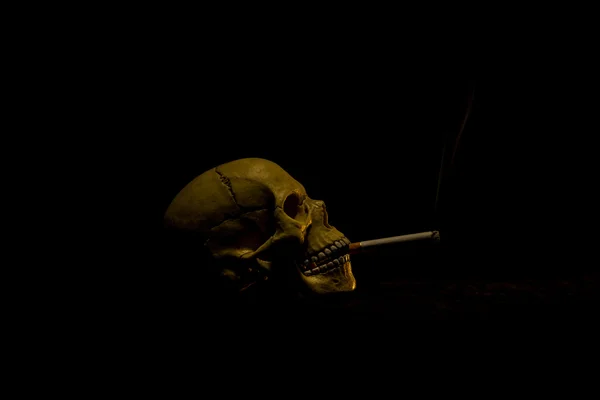 Ανθρώπινο κρανίο που καπνίζει ένα τσιγάρο — Φωτογραφία Αρχείου