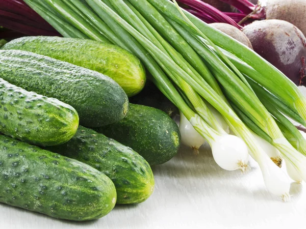 Cucumber, onion and beets — Stock Photo, Image