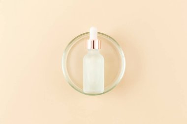 Bej arka planda petri kabında pipetli serum. Üst manzara, düz yatış. Cilt bakımı. Cilt bilimi kozmetik laboratuvarı. Doğal ilaçlar, kozmetik araştırmalar, organik cilt bakım ürünleri..