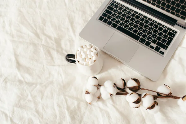 Laptop Xícara Cacau Com Marshmallows Flores Algodão Cama Branca Trabalho — Fotografia de Stock