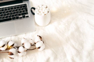 Laptop ve bir fincan marşmelovlu kakao, pamuk çiçekler, beyaz yatakta parlak ışıklar. Ev konseptinde çalış. Sonbahar, sonbahar, kış kompozisyonu. Düz konum, üst görünüm, kopyalama alanı.