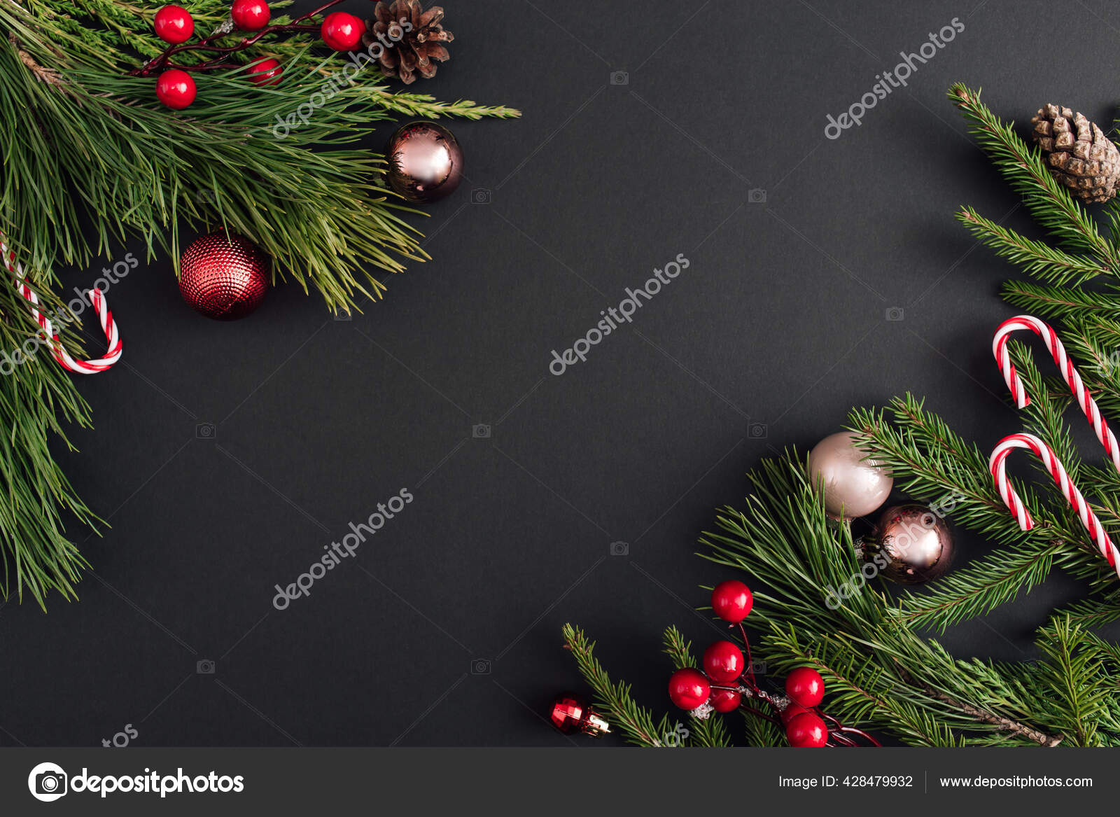 Christmas Decoration Xmas Tree Branches Black Background New Year Greeting  Stock Photo by ©tanjaivanova 428479932