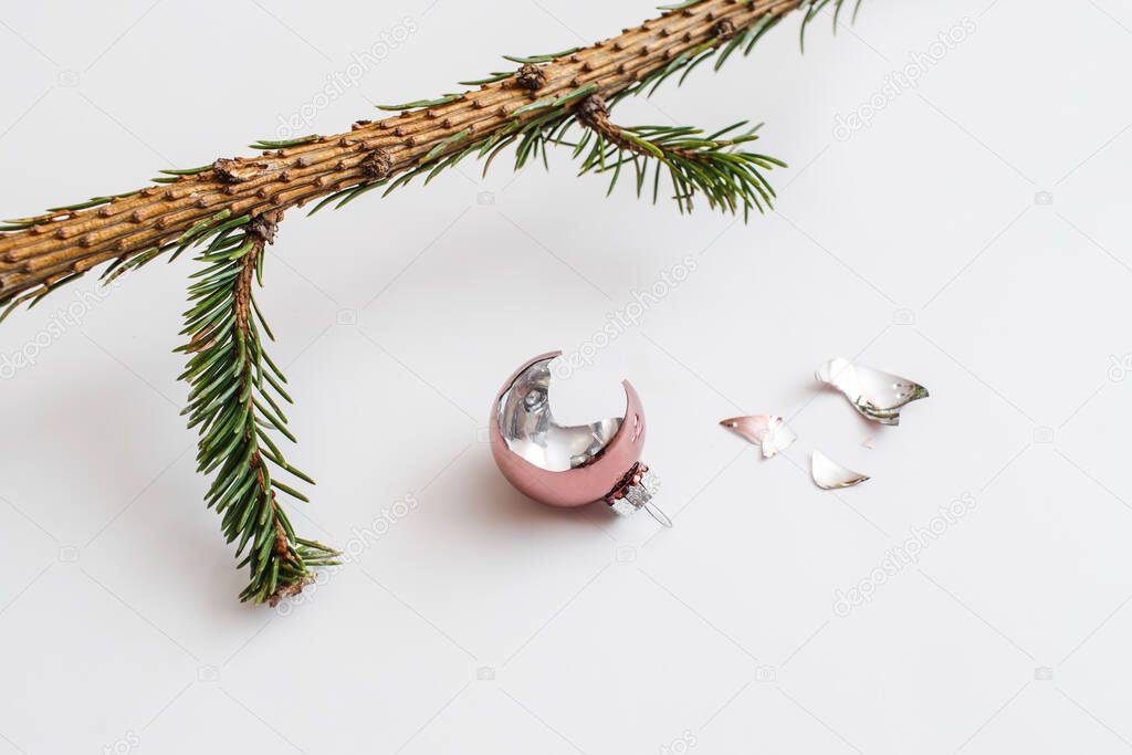 Broken Christmas tree toy ball and branch tree on white background. Flat lay, top view, copy space.