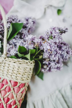 Bir sepet leylak çiçeği, pastel pembe ve beyaz yaz elbisesi. Kadınların şık kıyafetleri. Düz yerde, üst tarafta. Çiçek kompozisyonu. Bahar, yaz arkaplanı