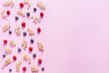 Renkli yaban mersini desenleri, üzümlü üzümler beyaz, ahududulu pastel pembe arka plan. Düz konum, üst görünüm, kopyalama alanı.