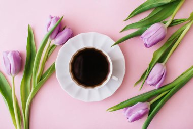 Pembe arka planda bir fincan kahve ve mor laleler. Düz yerde, üst tarafta. Çiçek kompozisyonu. Bahar sabahı konsepti