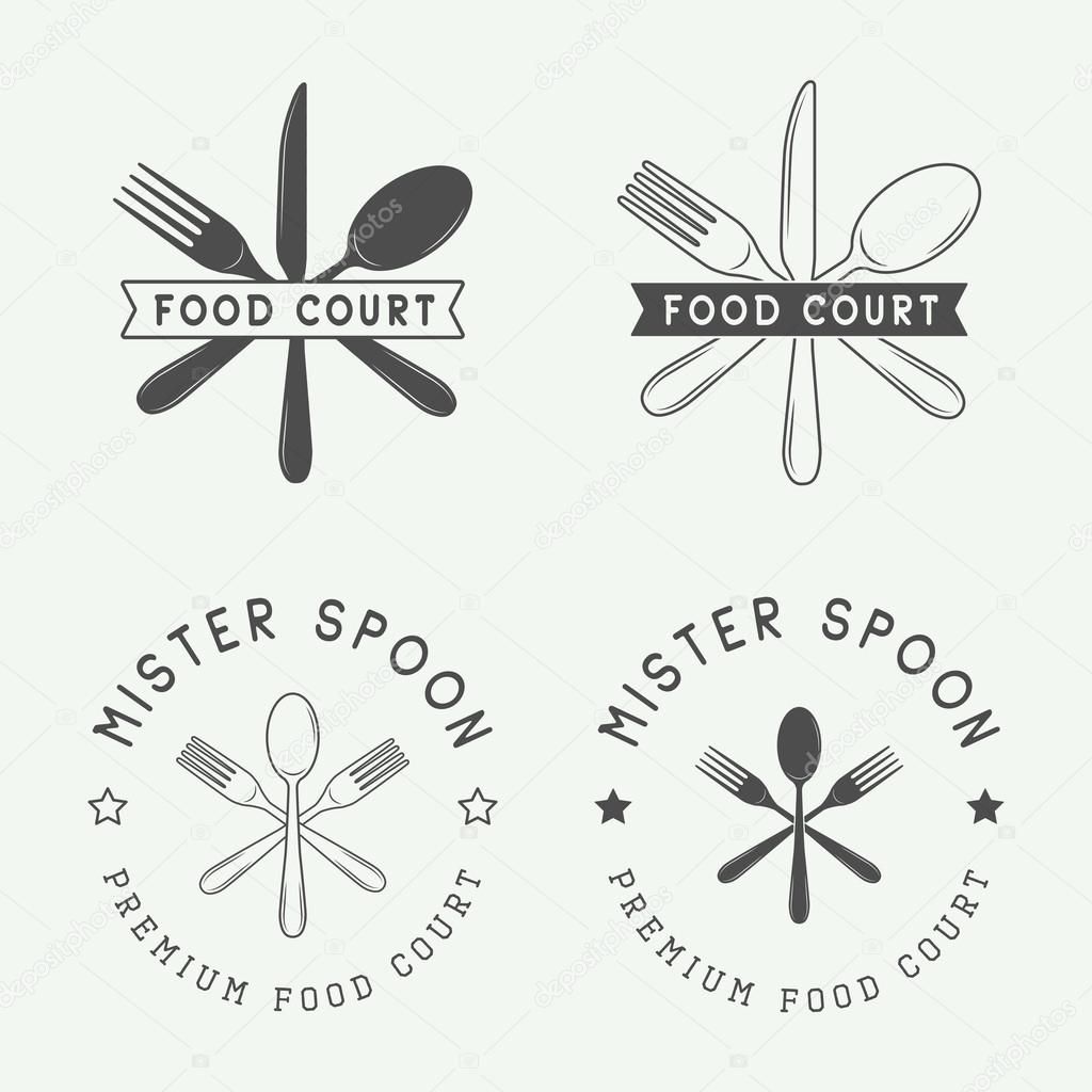 Set of vintage restaurant or food court logo, badge and emblem in retro style. Vector Illustration