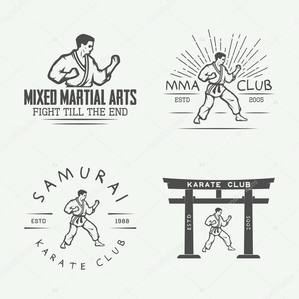 Set of vintage karate or martial arts logo, emblem, badge, label and design elements in retro style. Illustration