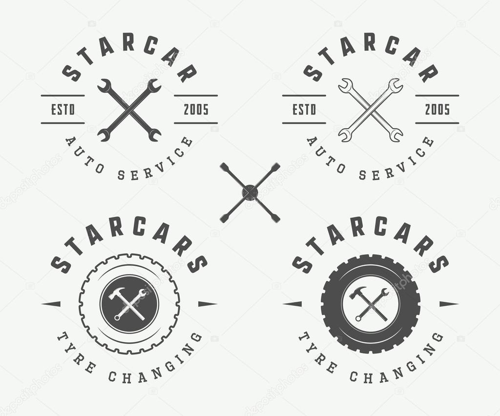 Set of vintage mechanic label, emblem and logo. Vector illustration