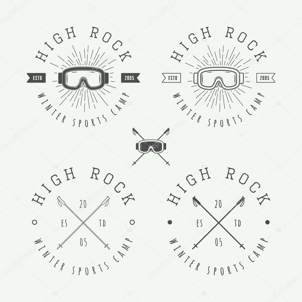 Vintage snowboarding or winter sports logos, badges, emblems and design elements. Vector illustration