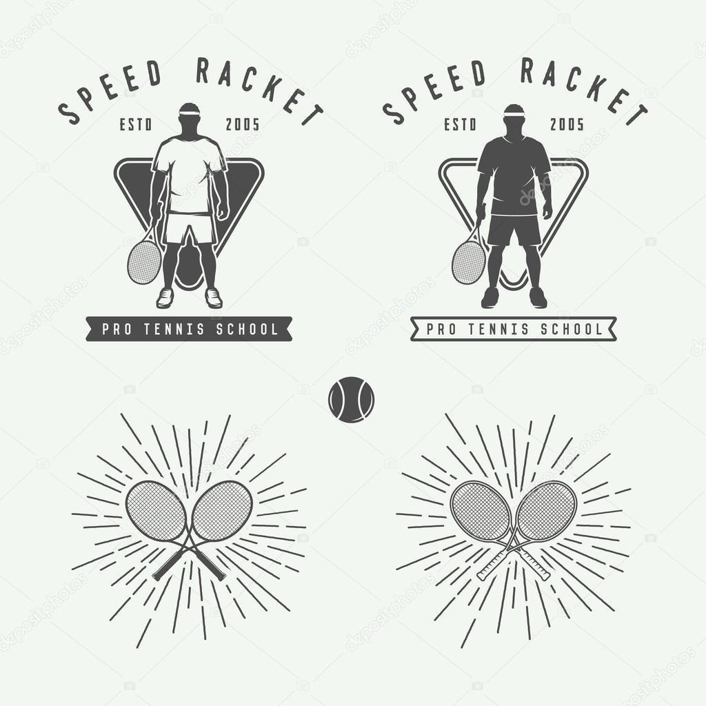 Set of vintage tennis logos, emblems, badges, labels and design elements. Vector Illustration
