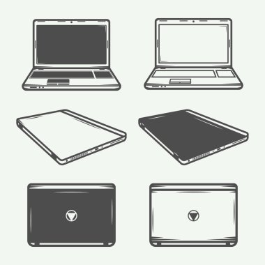 Vintage dizüstü bilgisayar veya pc logosu, amblemi, rozeti, etiketi, işareti ve tasarım öğeleri seti. 