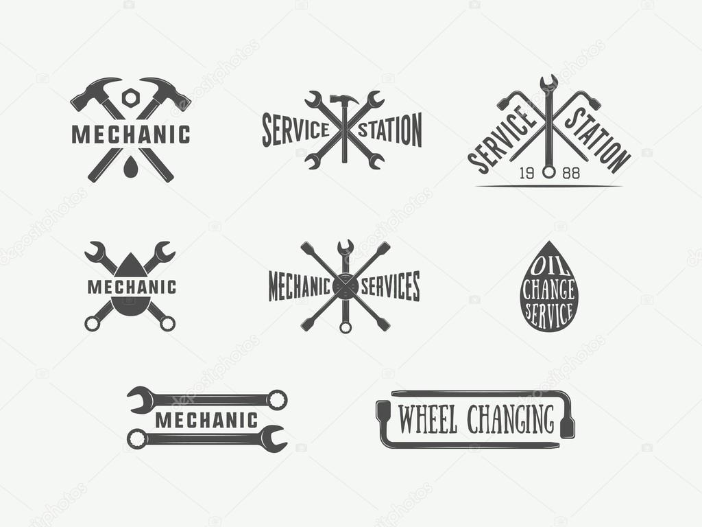 Vintage mechanic and car service logos, emblems, badges, labels, marks, prints and posters. Vector Illustration.
