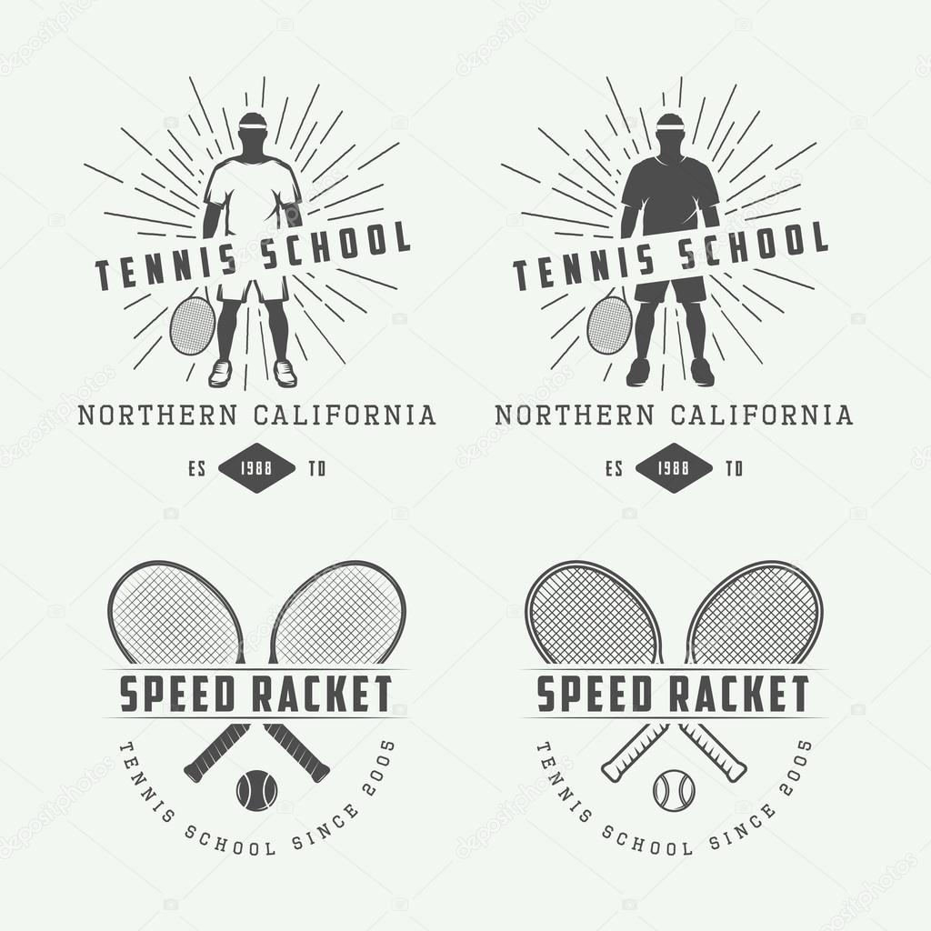 Set of vintage tennis logos, emblems, badges, labels and design elements. Vector Illustration