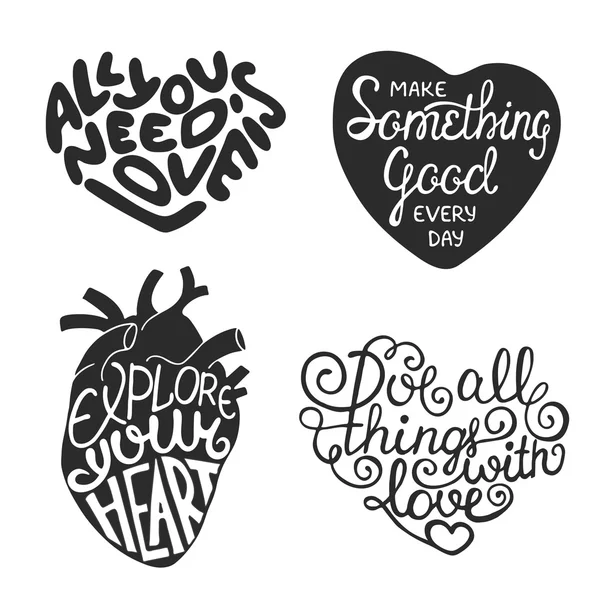 Kalp şeklinde el çizilmiş tipografi tasarım elemanı seti 