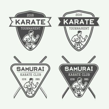 Vintage karate ya da dövüş sanatları logo, amblem, rozet, etiket kümesi