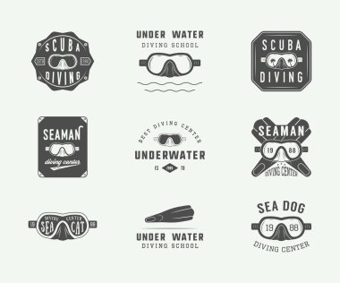 Set of vintage scuba diving logos, labels, badges and emblems.