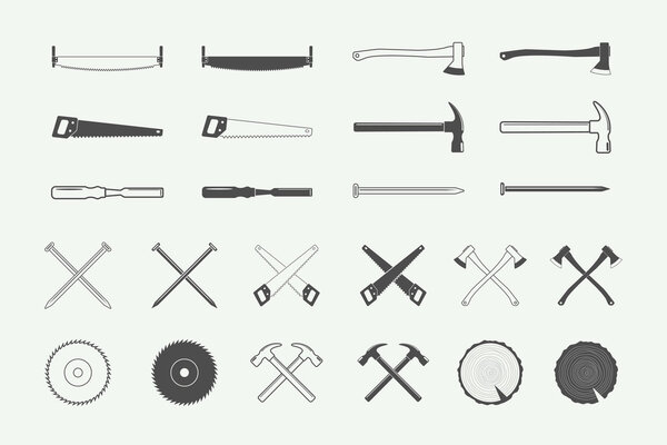 Set of vintage carpentry and mechanic labels, emblems, logo 