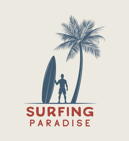 Vintage surfing logo, emblem, poster, label or print with surfer and surfing board in retro style