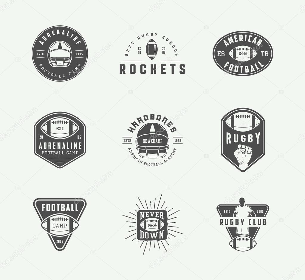 Set of vintage rugby and american football labels, emblems and logo. Vector illustration