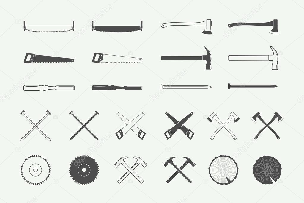 Set of vintage carpentry and mechanic labels, emblems, logo and design elements. Vector Illustration