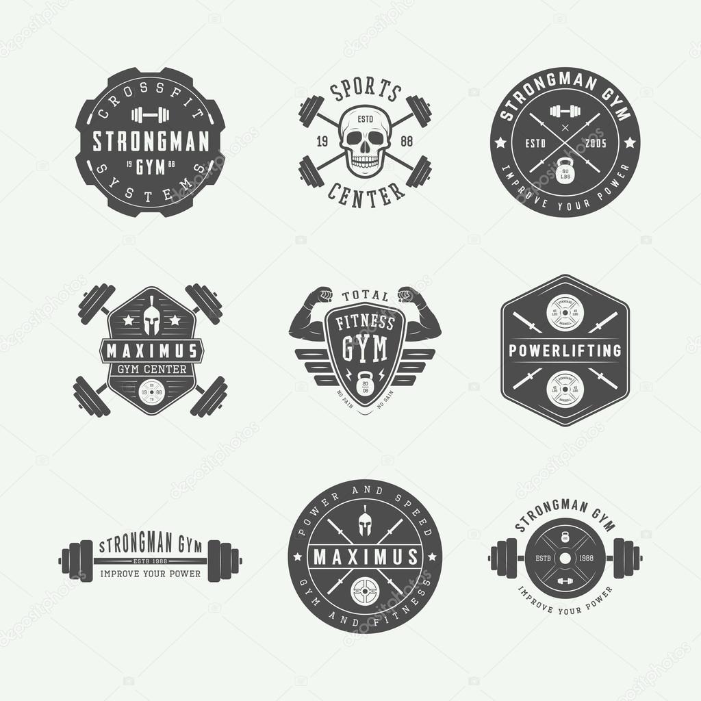 Set of gym logos, labels and slogans in vintage style. Vector illustration