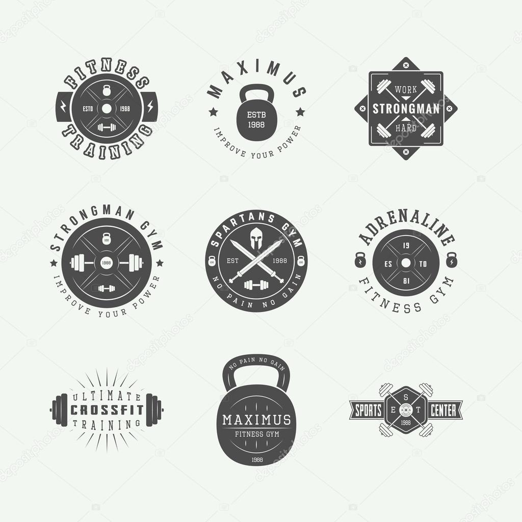 Set of gym logos, labels and slogans in vintage style. Vector illustration