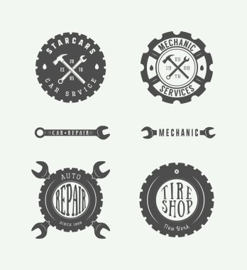 Vintage mekanik etiket, amblem ve logo. Vektör çizim