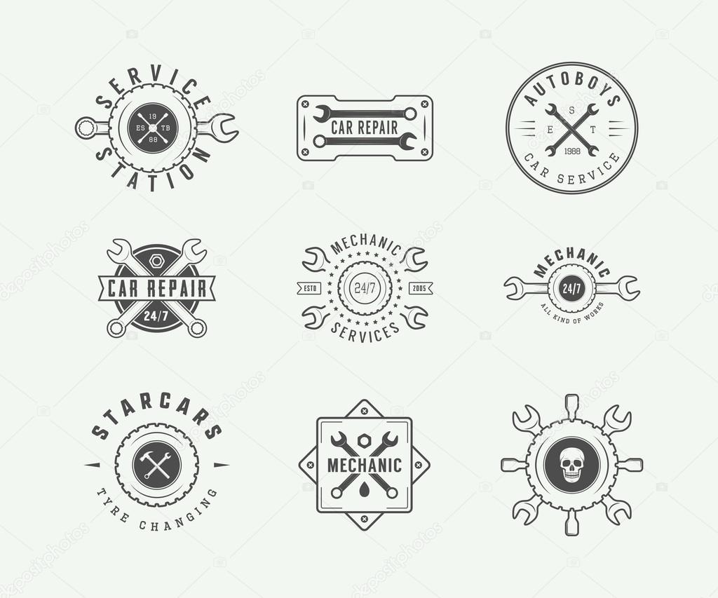 Set of vintage mechanic label, emblem, badge and logo. Vector illustration. Graphic Art