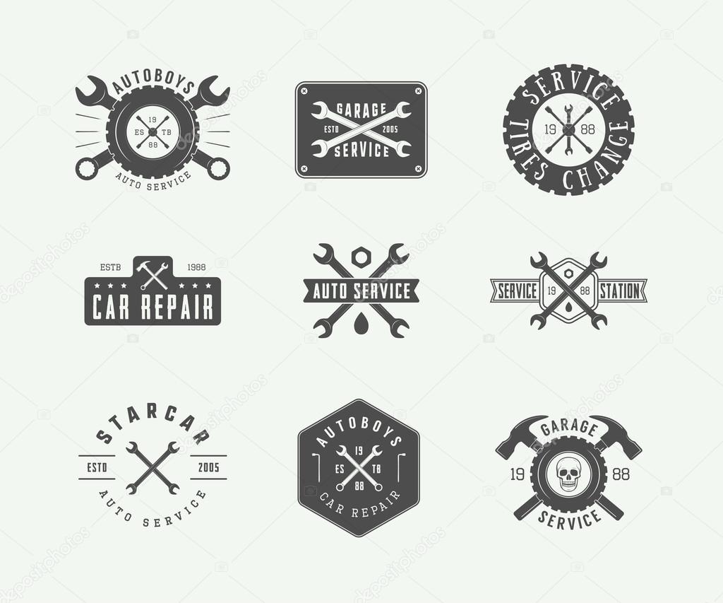 Set of vintage mechanic label, emblem, badge and logo. Vector illustration. Graphic Art