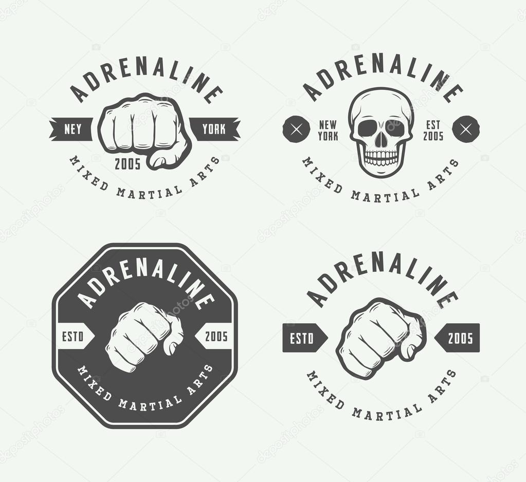 Set of vintage mixed martial arts or fighting club logos, emblems, badges, labels, marks and design elements. Retro graphic art. Vector Illustration.